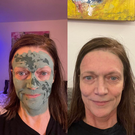 mature skin woman 60 years old before and after clay face mask to minimize pores