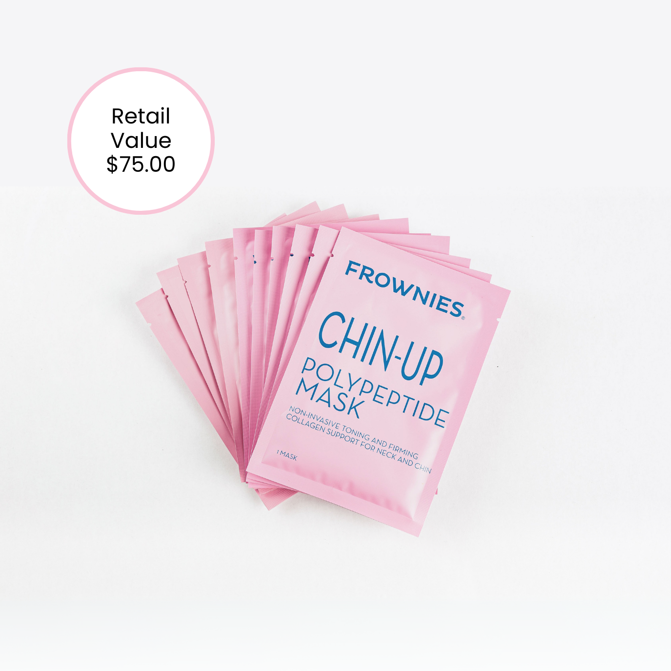 A collection of Frownies skincare products, including face wash, facial patches, serums, and moisturizer.