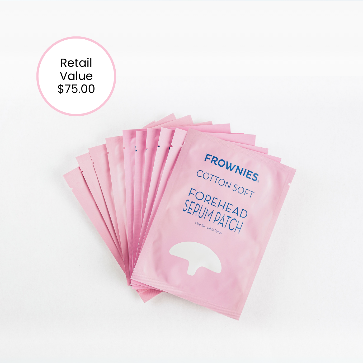 Pink packaging of Frownies Forehead Serum Patch with a reusable patch on display.
