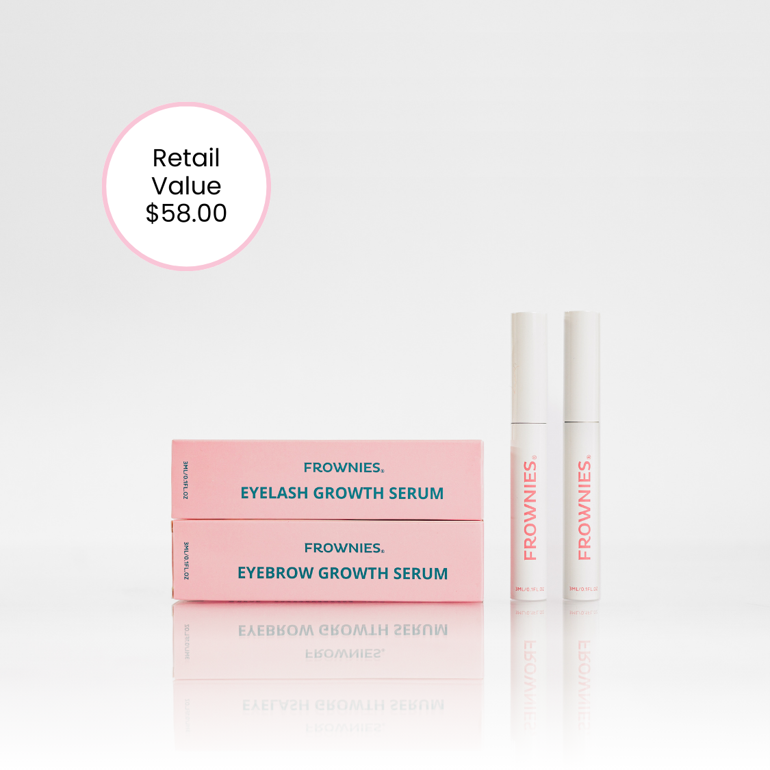 Frownies Eyelash Growth Serum & Eyebrow Growth Serum shown pictured together, while also showing the pink packaging it comes in. Images notes the retail value of the Frownies Eyelash Growth Serum & Eyebrow Growth Serum Duo which is $58.00 showcasing the savings of purchasing both products as a Duo at the lower rate.