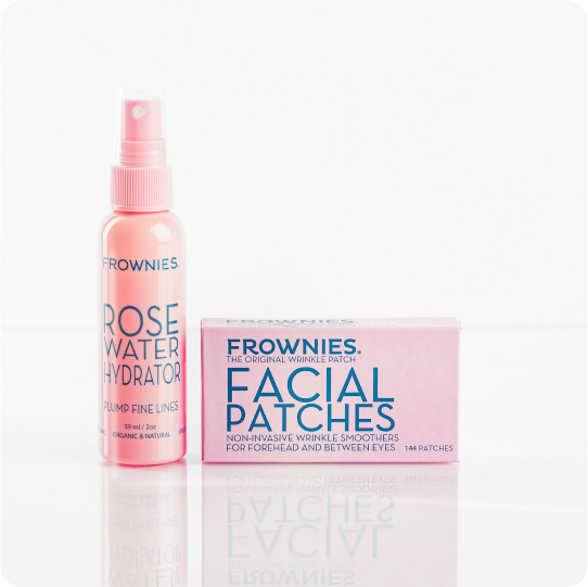 frownies facial patches for forehead and between the eyes and rose water hydrator spray