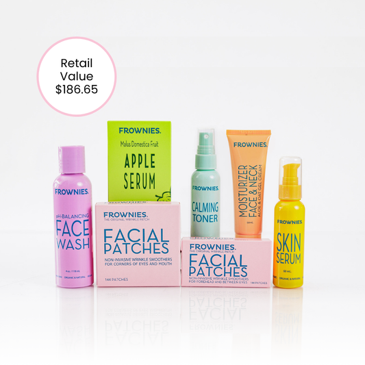 frownies complete skincare set with face wash, apple serum, calming toner, facial patches for forehead and between the eyes and facial patches for corners of the eyes and mouth, aloe and oat gel moisturizer, and skin serum, retail value $186.65