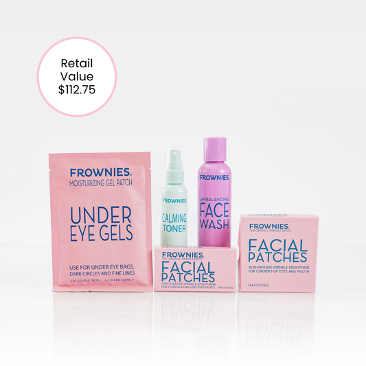 frownies quick essentials bundle with under eye gels, calming toner, face wash, facial patches for forehead and between the eyes and facial patches for corners of the eyes and mouth, retail value $112.75