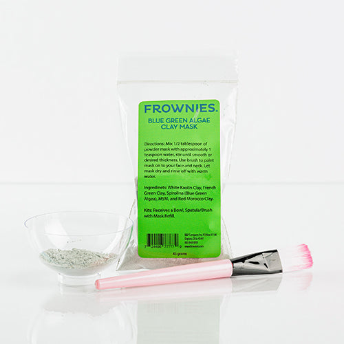packaging for Blue Green Algae Clay Masks including applicator brush  The Frownies   