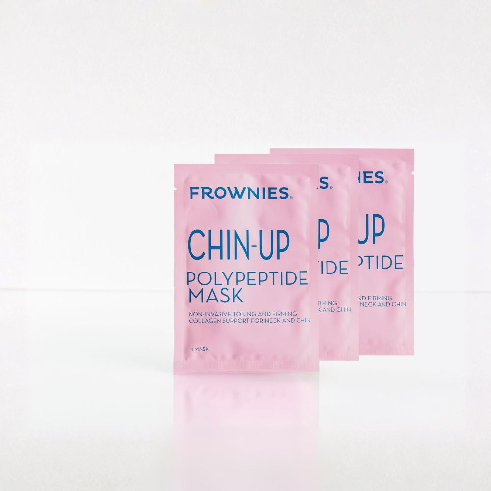 Frownies Chin-Up Polypeptide Mask packages on a light gray background
