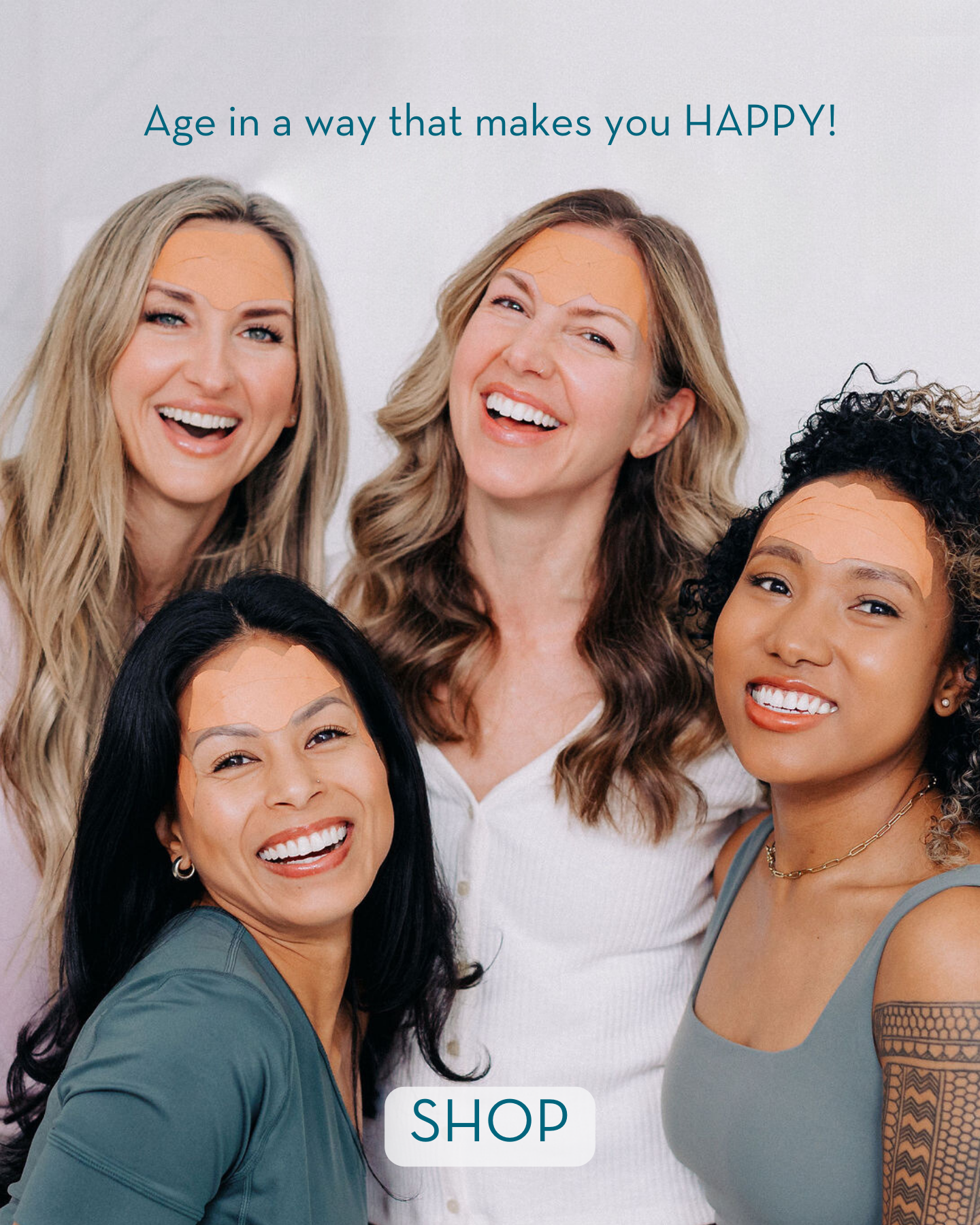 four smiling women wearing frownies facial patches to smooth forehead wrinkles and 11 lines
