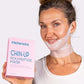 woman holding pink box and wearing CHIN-UP Peptide Neck and Chin Mask  The Frownies   