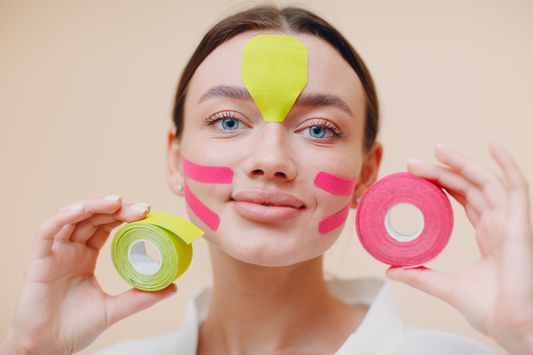 Woman with face tape applied to her forehead and sides of her face