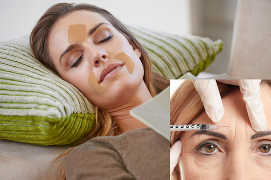 woman sleeping on green pillow with paper Frownies Facial Patches on her forehead and corners of the mouth, second woman with furrowed brow and needle by her forehead wrinkles