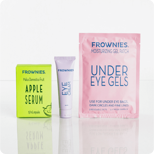 product packages of apple serum, eye cream, and under eye gels 