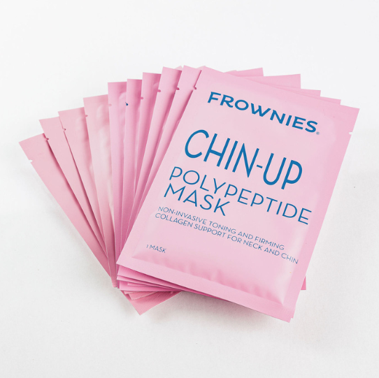 stack of ten pink packages of frownies chin up polypeptide mask for jawline and neck wrinkles