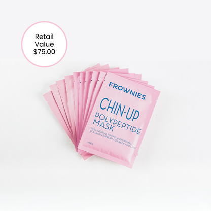 10 Frownies chin-up polypeptide mask stacked on a clean white background. retail value price sticker showing $75.00 value.