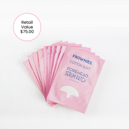 stack of ten pink packages of Serum Patch for Forehead Wrinkles Facial Patches Frownies 10-pack . image shows retail value of $75.00