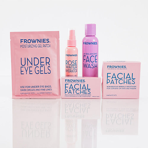 Frownies Quick Essentials bundle including under eye gels, rose water spray, ph balancing face wash, frownies facial patches for corners of the eyes and mouth and frownies facial patches for forehead and between the eyes