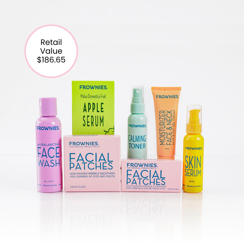 frownies complete skincare set with face wash, apple serum, calming toner, facial patches for forehead and between the eyes and facial patches for corners of the eyes and mouth, aloe and oat gel moisturizer, and skin serum, retail value $186.65