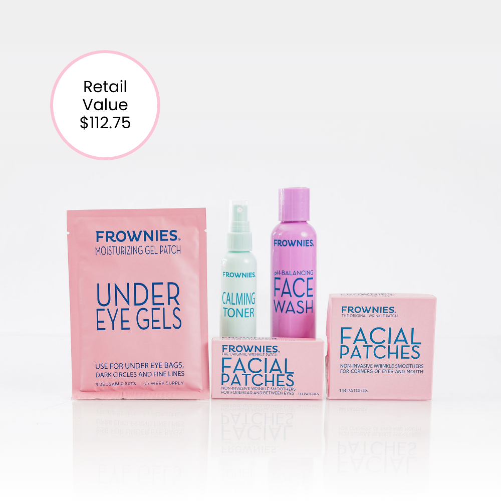 frownies quick essentials bundle with under eye gels, calming toner, face wash, facial patches for forehead and between the eyes and facial patches for corners of the eyes and mouth, retail value $112.75