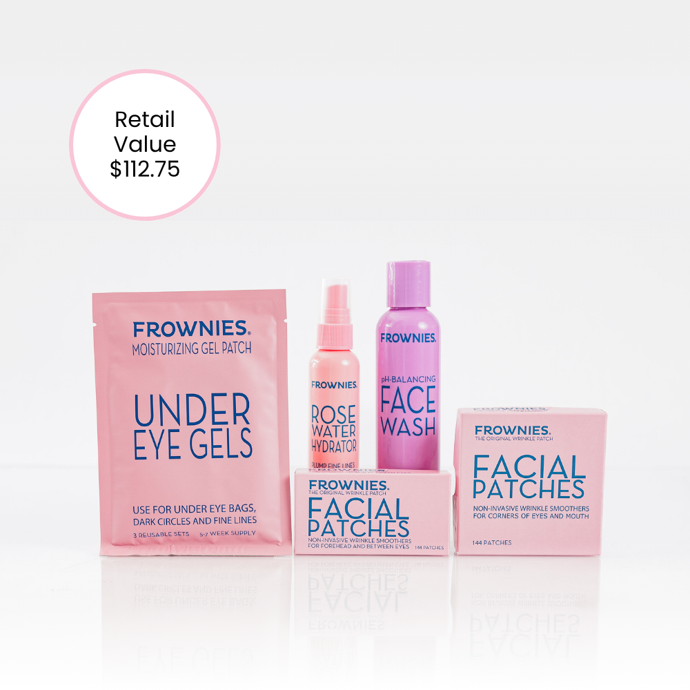 frownies quick essentials bundle with under eye gels, rose water hydrator spray, face wash, facial patches for forehead and between the eyes and facial patches for corners of the eyes and mouth, retail value $112.75