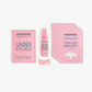 Frownies skincare products including under eye gels, rose water hydrator spray, Wrinkie straw tip, and forehead serum patches on a white background