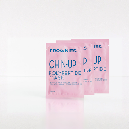 Frownies Chin-Up Polypeptide Mask packages on a light gray background