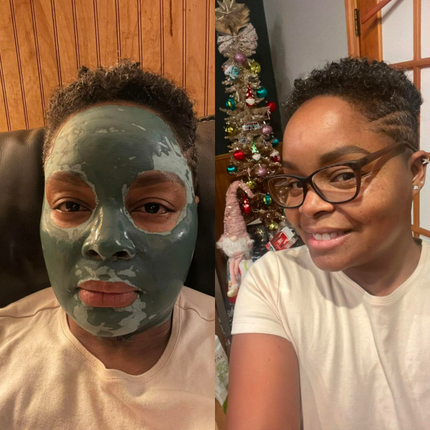 before and after of woman of color wearing blue green algae clay face mask 