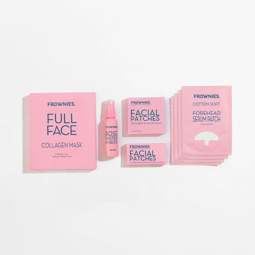 Frownies skincare products including a collagen mask, serum patches, and facial patches, and rose water hydrator spray on a white background