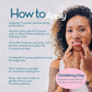 Woman applying Frownies patches with instructions on how to use them.
