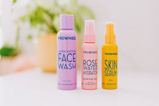 line up of frownies non toxic products on a counter