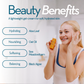 Woman applying Frownies moisturizer with beauty benefits text and product features listed.