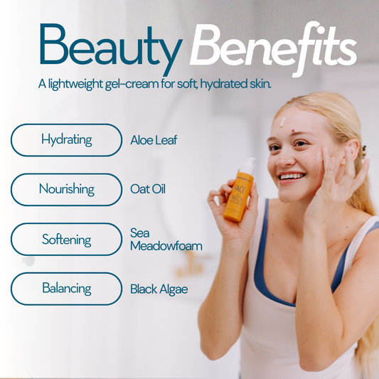 Woman applying Frownies moisturizer with beauty benefits text and product features listed.