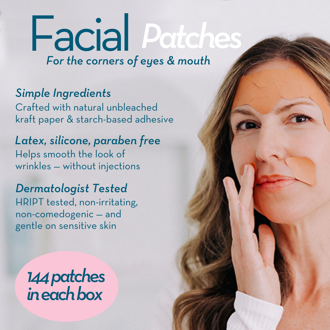 Application infographic for facial patches with a woman applying a patch to her face.