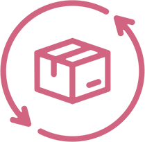 pink icon of shipping box with arrows in a circle