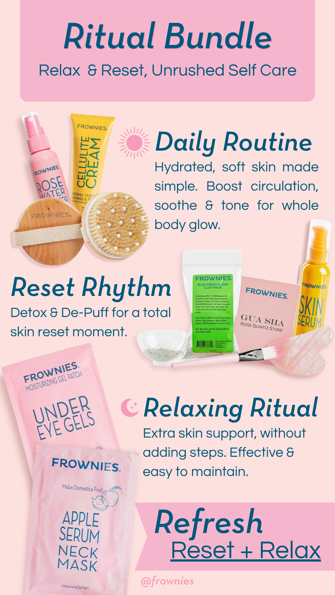 Frownies skincare products including dry brush, toning cream, clay mask, rose water hydrator, skin serum, under eye gels, serum neck mask, with text on a pink background