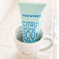  Frownies , pure natural preservatives,  ingredients matter, Frownies, pure and natural ingredients, Frownies light blue tube of Citrus Honey body wash in a cup